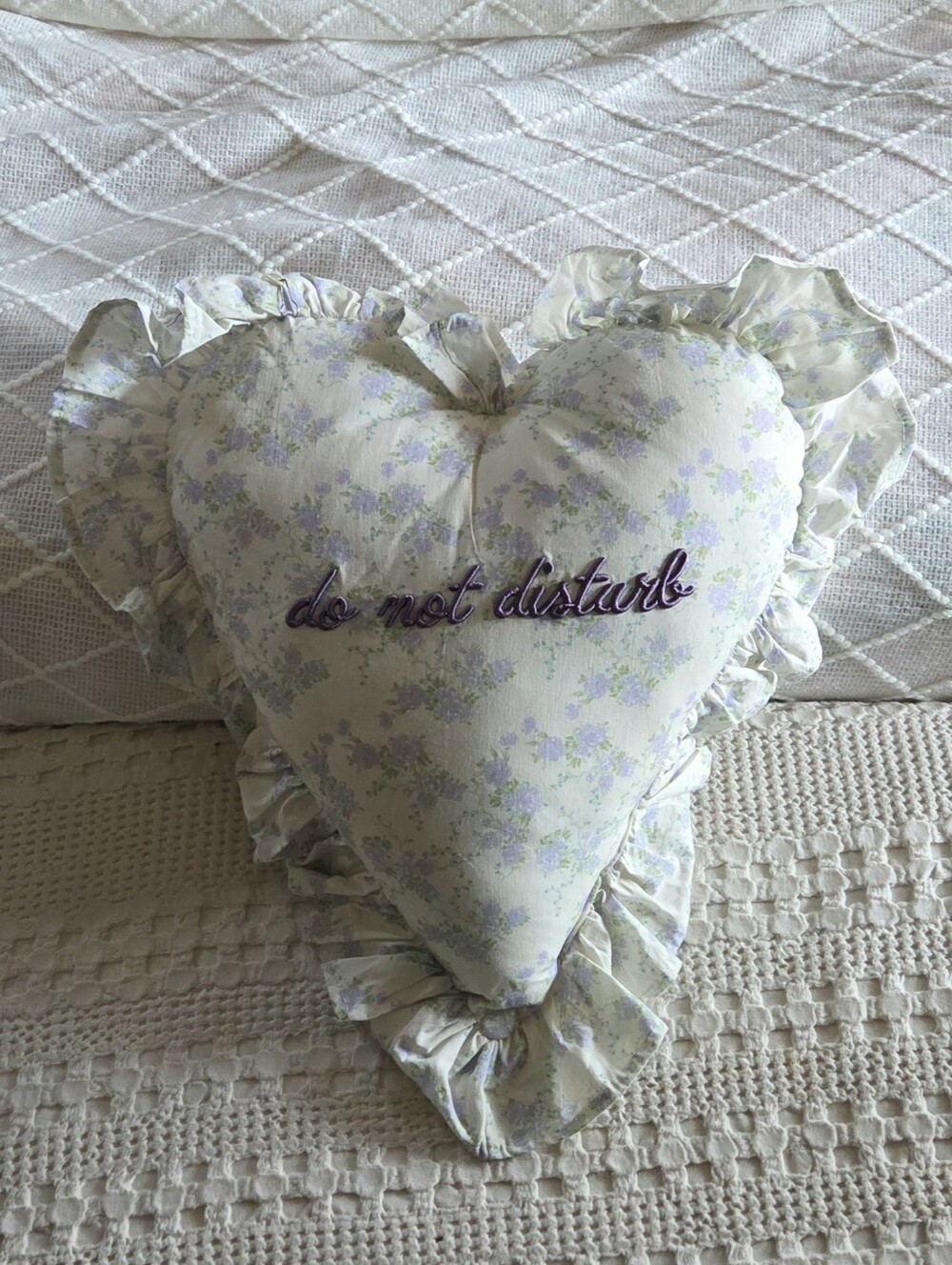 Stylehouse Do Not Disturb Purple Floral Embroidered Ruffled Heart Pillow